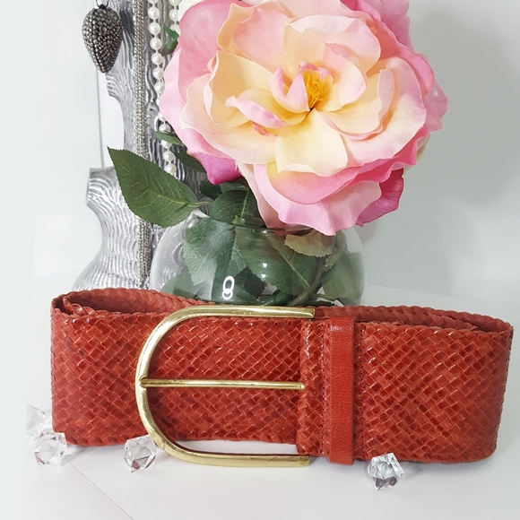 90's-Y2K❤Big Golden Buckle Leather Belt| Red Wide High Waist|Weaved - Picture 2 of 8